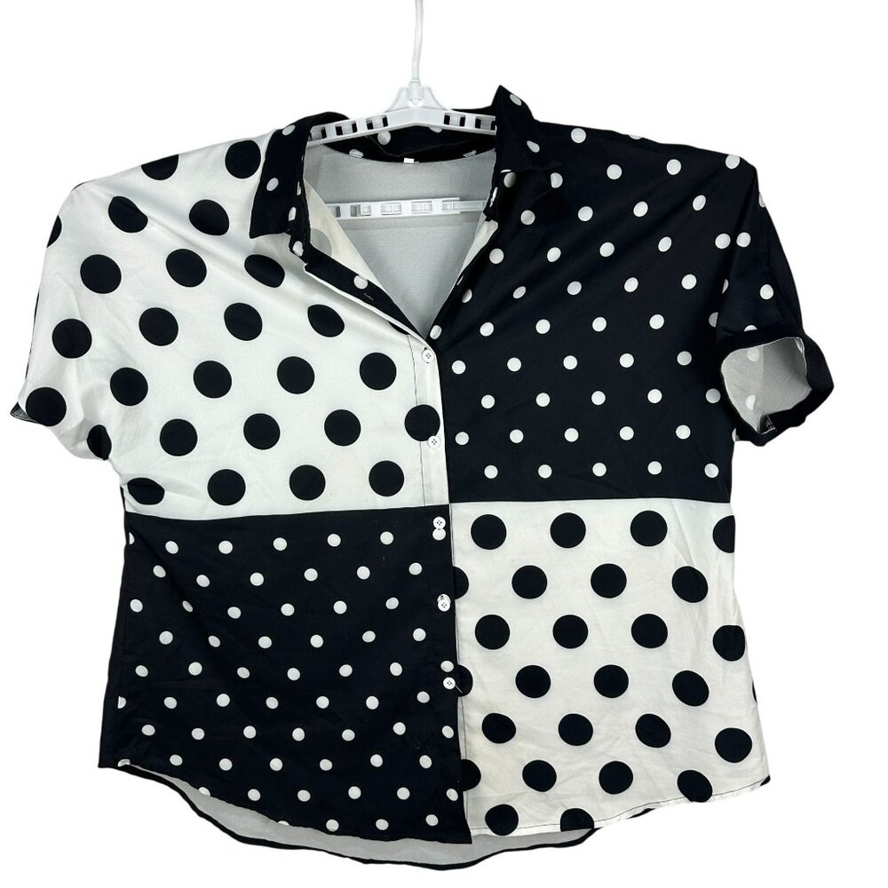 Polka Dot Patchwork Button-Up Shirt In Black & White Womens 4XL Casual Top